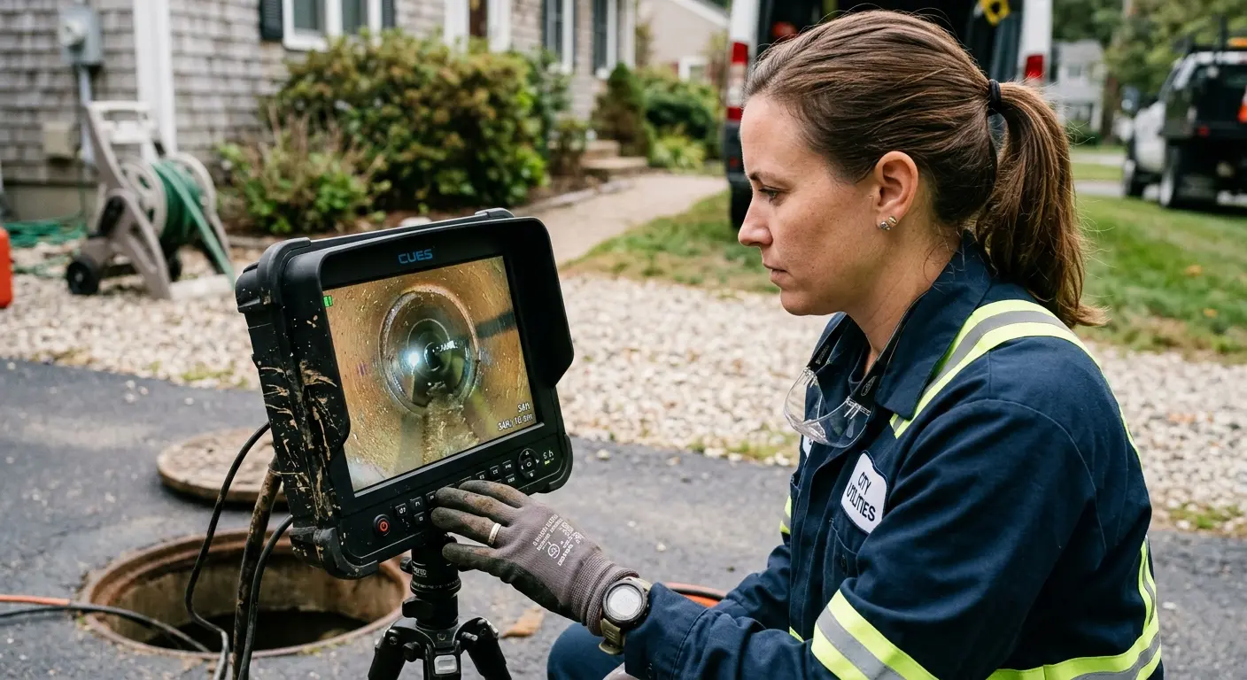 Technician reviewing sewer camera inspection footage in Millcreek
