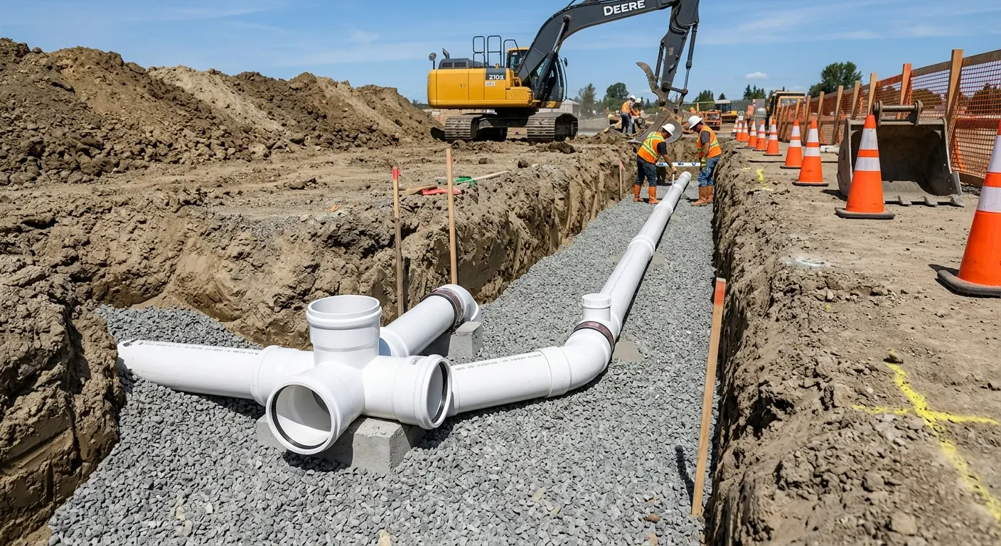 New PVC sewer pipe installation in open trench for Grease Trap Cleaning in Millcreek