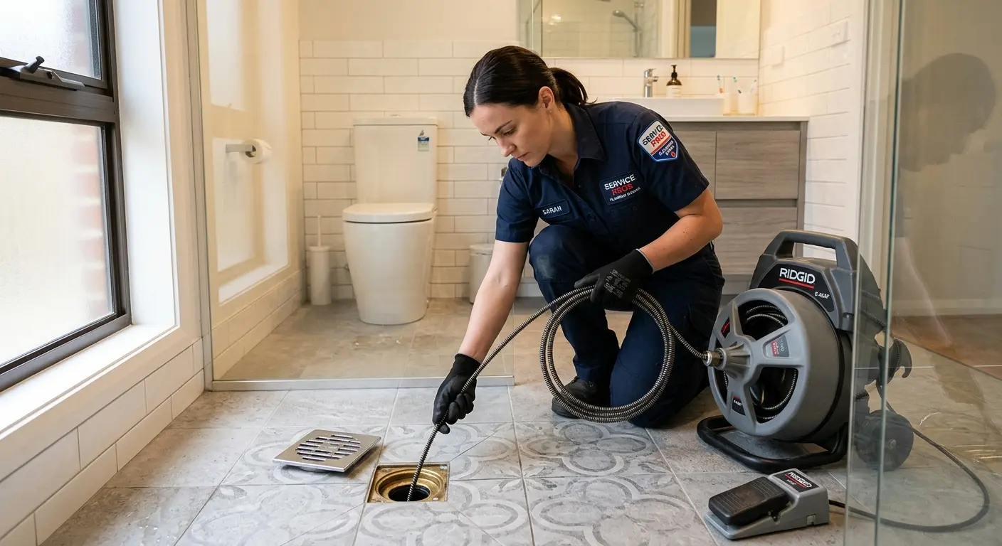 Technician clearing a bathroom floor drain for Sewer Line Replacement in Millcreek